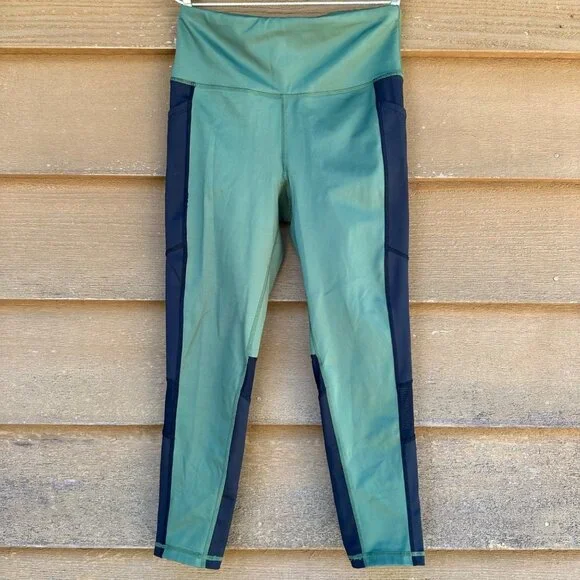 Lularoe Rise Leggings Active Wear Capri Mesh Pockets Sage Green Black Pant Size - Picture 1 of 9